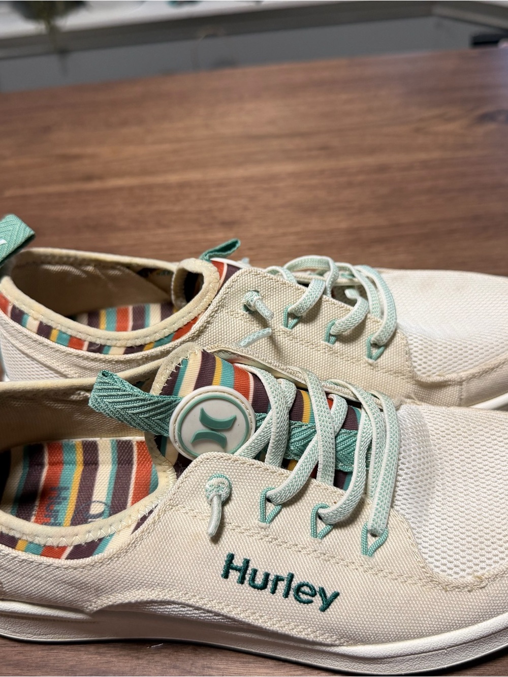 Hurley Cream Canvas Sneakers with Mint Green Details